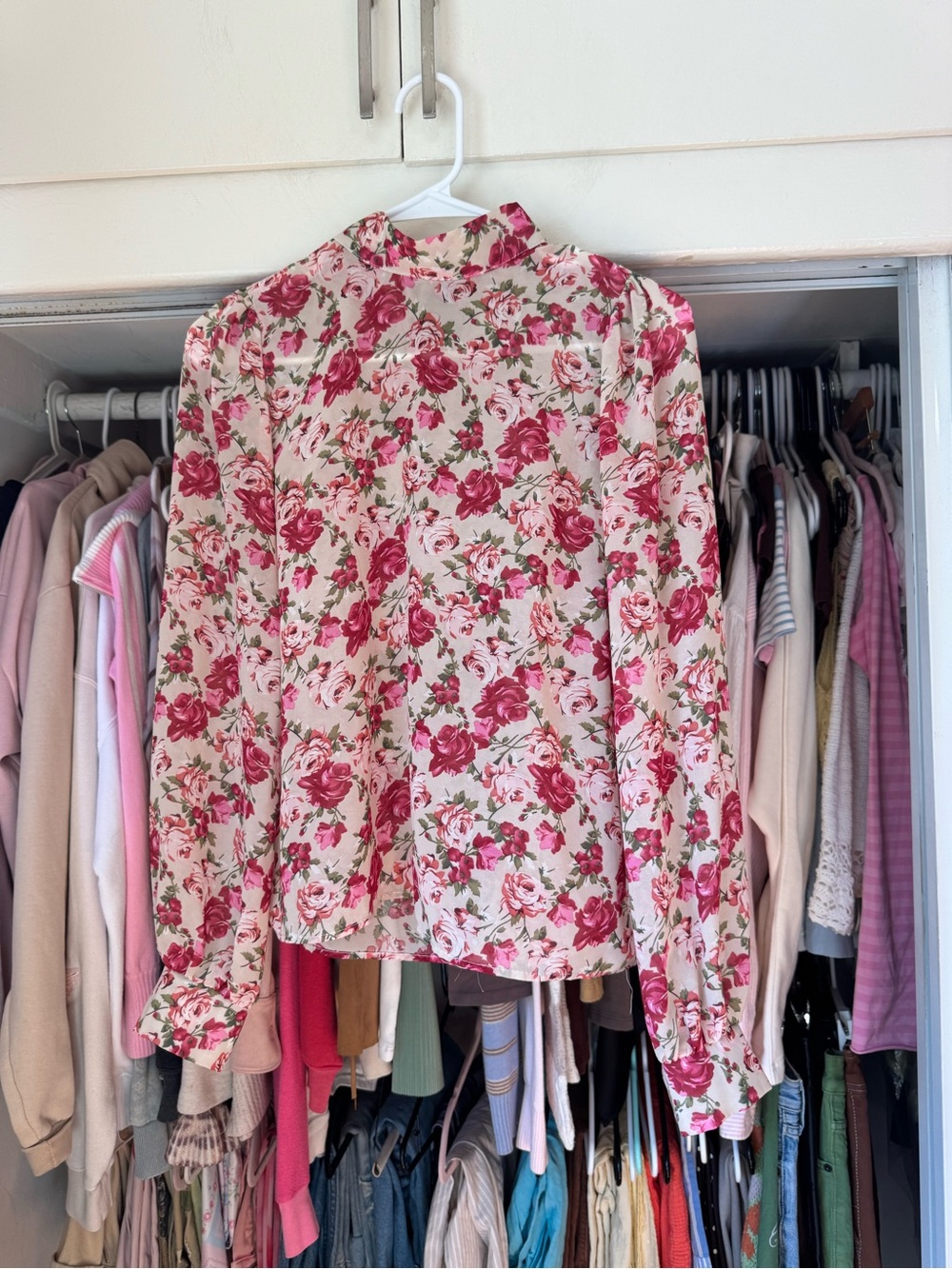 Floral High-Neck Long-Sleeve Blouse - Pink Rose